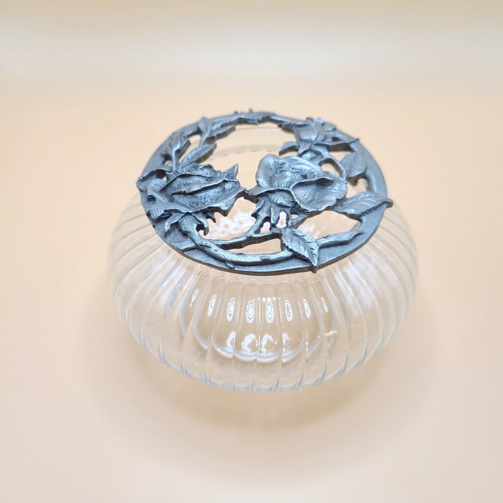 Vintage 1990 Rawcliffe Pewter and Glass Potpourri Bowl with Roses